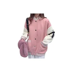 [one's one] ワンズワン スタジアム ジャンパー スタジャン 裏 起毛 秋 冬 アウター ゆったり リブ 袖 韓国 風 レディース (ピンク,XL) 0