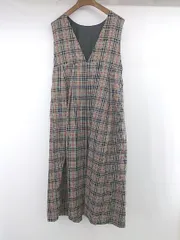 ◇ 4youstory チェック柄 Vネック かわいい フレア ロング ワンピース サイズ表記なし L相当 ベージュ系 レディース E  【1305020020144】