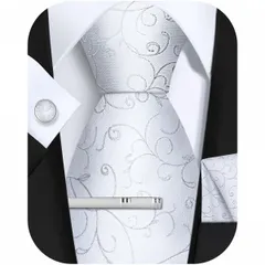 [FACIACC] 結婚式 ネクタイ メンズ 【4点セット】 シルクネクタイ チーフ タイクリップ カフスボタン ストライプ柄 ハンカチドット フォーマル ビジネス 就活 入学式 卒業式 忘年会 ギフトボックス付き 8.5*150cm 父の日 (シルバー