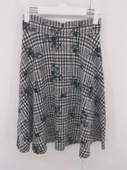 ◇ MISCH MASCH チェック ボタニカル柄 膝丈 フレア スカート サイズ36 ホワイト系 ブラック ピンク系 レディース E  【1305120003795】