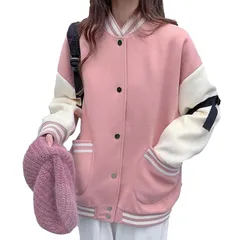 [one's one] ワンズワン スタジアム ジャンパー スタジャン 裏 起毛 秋 冬 アウター ゆったり リブ 袖 韓国 風 レディース (ピンク,L)