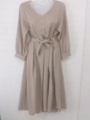 ◇ ◎ natural couture ウエストシャーリング Vネック 長袖 膝下丈 ワンピース サイズ F ベージュ ブラウン系 レディース E  【1305120020877】