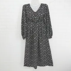 ◇ ROPE PICNIC ロペピクニック 総柄 レトロ 長袖 膝下丈 ワンピース サイズ36 ブラック ブルー系 マルチ レディース E  【1305160017066】