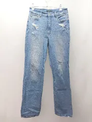 ◇ JEANASIS ジーナシス ダメージ加工 ペイント デニム カジュアル ロゴ ストレートパンツ サイズＳ ブルー レディース E  【1305180005913】