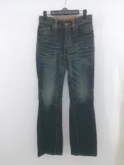 ◇ EDWIN エドウィン ブランドパッチ ステッチ 人工皮革 フレア デニムパンツ サイズ26 ブルー系 メンズ E  【1305180009485】