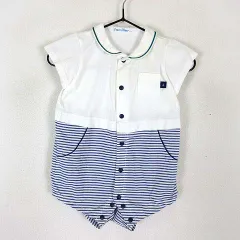 ファミリア Familiar カバーオール ロンパース ボーダー柄 切替 マリン柄 刺繍 コットン 半袖 60 白 ホワイト 紺 ネイビー 緑 グリーン ベビー BABY