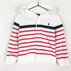 ポロ ラルフローレン POLO RALPH LAUREN パーカー プルオーバー ハーフボタン 配色 パネルボーダー柄 ポニー ロゴ 刺繍 フード 比翼ボタン コットン 長袖 90cm 3 白 ホワイト 赤 レッド 紺 ネイビー KIDS 国内正規品