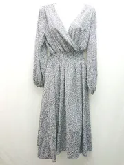 ◇ w closet Vネック 花柄 裏地 ウエストゴム カワイイ 長袖 ロング丈 ワンピース サイズM ブルー系 レディース E  【1305180017251】