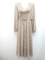 ◇ 新品 Bab バブ ボタニカル柄 総柄 Vネック ウエストゴム 長袖 ロング ワンピース サイズM ブラウン レディース E  【1305180019392】