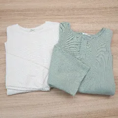 ◇ FREAK'S STORE 重ね着アイテム ワッフル生地 ロングTシャツ トレーナー サイズF グリーン系/アイボリー レディース E  【1305180021487】