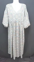 ◇ DAIS-Y ｻﾗｻﾗ生地 ﾎﾞﾀﾆｶﾙ柄 ｱﾝﾃｨｰｸ調 切り替え ランタン袖 五分袖 膝丈 ワンピース サイズF ブルー系 レディース E  【1305180024914】