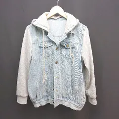 ◇ フード取り外し可能 ダメージ加工 ﾄﾚｰﾅｰ生地 長袖 異素材切り替え　ジージャン サイズM ﾌﾞﾙｰ ｸﾞﾚｰ メンズ E  【1305180025591】