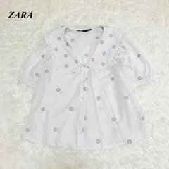 ザラ ブラウス M 花柄 バルーン袖 フリル フェミニン ホワイト □