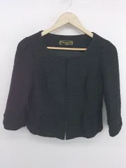 ◇ Bou Jeloud ブージュルード ツイード系 ペプラム 七分袖 ノーカラー ジャケット サイズ38 ブラック レディース P  【中古】 【1305240014145】