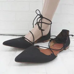 ◇ ZARA ザラ ポインテッドトゥ コードストラップ フラット パンプス サイズ36 ブラック レディース P  【1305240019560】