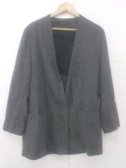 ◇ ZARA ヘリンボーン 長袖 ノーカラー ロング ジャケット サイズEUR L USA L MEX 30 チャコールグレー系 レディース P  【1305240019348】