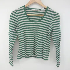 ◇ TOMMY HILFIGER トミーヒルフィガー ボーダー Uネック 長袖 Tシャツ カットソー サイズM グリーン グレー レディース P  【1305240020597】