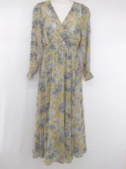 ◇ fifth カシュクール シャーリング 総柄 長袖 ロング ワンピース ベージュ ブルー系 マルチ レディース P  【1305240026087】