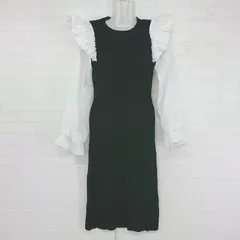 ◇ MIIA ミーア フリル リブ 異素材 長袖 膝丈 ワンピース サイズF ブラック ホワイト レディース E  【中古】 【1305250007496】