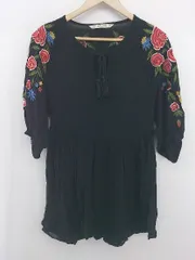 ◇ ZARA BASIC 刺繍 涼しげ レーヨン 八分袖 ミニ ワンピース サイズEUR S USA S MEX 26 ブラック レディース E  【中古】 【1305250024462】