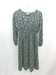 ◇ earth music&ecology Vネック 裏地 ウエストゴム 花柄 長袖 ロング丈 ワンピース サイズF ブラック系 レディース E  【1305290008118】