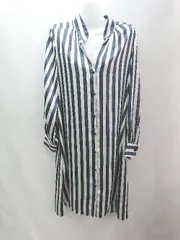 ◇ ZARA BASIC 裏地なし サテン生地 ストライプ 長袖 ロング丈 ワンピース サイズUSA L ネイビー/ホワイト レディース E  【1305290012931】