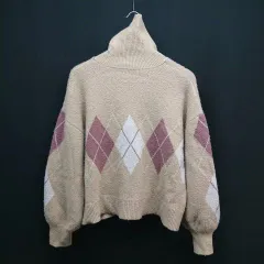 ◇ Heather アーガイル柄 タートルネック ボリューム袖 長袖 ニット セーター サイズF ブラウン レディース E  【1305290025535】