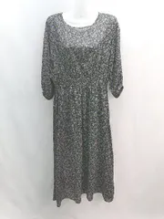 ◇ SEVENDAYS＝SUNDAY 小花柄 ｻﾗｻﾗ生地 とろみ 七分袖 膝丈 シフォン ワンピース サイズM ﾌﾞﾗｯｸ ﾊﾟｰﾌﾟﾙ レディース E  【1305290026723】