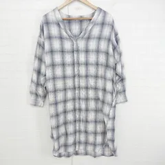 ◇ mystic チェック 長袖 膝丈 チュニック シャツ ワンピース ホワイト ブルー系 ブラック系 レディース E  【1305300004475】