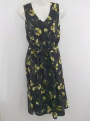 ◇ ◎ Andemiu ボタニカル柄 Vネック ノースリーブ 膝下丈 ワンピース サイズF ネイビー イエロー系 マルチ レディース E  【1305300007513】