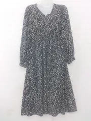 ◇ continuer de NICE CLAUP 総柄 長袖 ロング ワンピース サイズF ブラック ベージュ系 レディース E  【1306020011118】