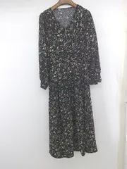 ◇ N. Natural Beauty Basic Vネック 花柄 大人かわいい 長袖 膝下丈 ワンピース サイズM ブラック マルチ レディース E  【1306050033982】