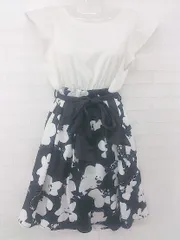 ◇ ◎ CECIL McBEE 総柄 大人女子 きれいめ フレンチスリーブ 膝丈 ワンピース サイズ38 ブラック ホワイト レディース E  【1306050038987】