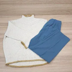 ◇ LOWRYS FARM - ケーブル ウエストゴム ハイネック オシャレ - ニット パンツ サイズF ベージュ ブルー レディース E  【1306050046074】
