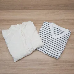 ◇ LOWRYS FARM ノーカラー Vネック ボーダー柄 オシャレ カットソー シャツ - サイズF/M ホワイト ベージュ レディース E  【1306050046029】