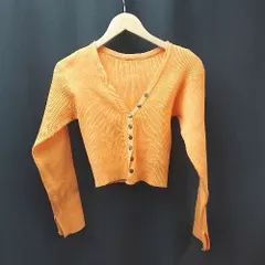 ◇ mystic リブ 袖スリット フロントボタン 蛍光色 長袖 ボレロカーディガン サイズF オレンジ レディース E  【1306050047088】