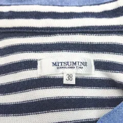 ◇ MITSUMINE ボーダー 異素材 フロントボタン ポケット 七分袖 シャツ サイズM 38 ライトブルー レディース E  【1306050047460】