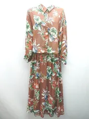 ◇ Andemiu 夏 透け感 海 花柄 トロピカル カラフル 長袖 ロング丈 ワンピース サイズF ブラウン レディース E  【1306050048771】
