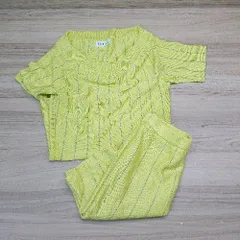 ◇ privatelabel ウエストゴム Vネック ストライプ柄 ハイゲージ ひざ丈 セットアップ サイズL イエロー レディース E  【1306050053836】