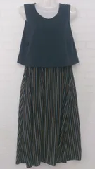 ◇ GLOBAL WORK ストライプ ドッキング風 ノースリーブ 膝下丈 ワンピース サイズM ネイビー ベージュ系 レディース E  【1306080002019】