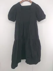 ◇ a lot of love スクエアネック パフスリーブ 半袖 膝下丈 ワンピース サイズM ブラック レディース E  【1306080002972】