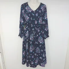 ◇ ◎ ROPE PICNIC ベルト付 花柄 フラワー スキッパー 長袖 ロング ワンピース サイズ38 ネイビー マルチ レディース P  【1306100002609】