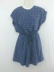 ◇ KBF URBAN RESEARCH チェック フレンチスリーブ 膝丈 ワンピース ブルー バーガンディ グレー系 レディース P  【1306120006526】