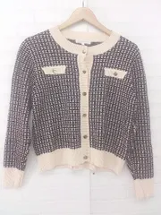 ◇ grove グローブ ツイード風 エレガント 金ボタン ニット 長袖 カーディガン サイズM ベージュ マルチ レディース P  【1306120019496】