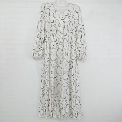 ◇ GLOBAL WORK 総柄 オトナ女子 涼しげ 長袖 ロング ワンピース サイズL オフホワイト ブラック レディース P  【1306120019830】