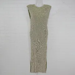 ◇ Isn't She? ストライプ リブニット フレンチスリーブ 膝下丈 ワンピース グリーン アイボリー系 レディース P  【1306120022007】