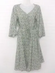 ◇ ◎ Ray Cassin ボタニカル柄 ワイドスリーブ 八分袖 膝下丈 ワンピース サイズF グリーン系 マルチ レディース P  【1306120023608】