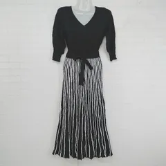 ◇ SAISON DE PAPILLON Vネック ストライプ 七分袖 膝下丈 フレア ニット ワンピース サイズS ブラック レディース P  【1306120024063】