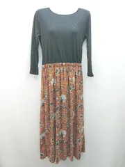 ◇ ROPE' PICNIC 花柄 ドッキングデザイン ウエストギャザー 長袖 ロング ワンピース サイズF ブラック系 レディース E  【1306140003536】