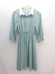 ◇ COLZA コルザ 花柄 レース シワになりにくい ウエストゴム 長袖 膝丈 ワンピース サイズM グリーン レディース E  【1306140008449】